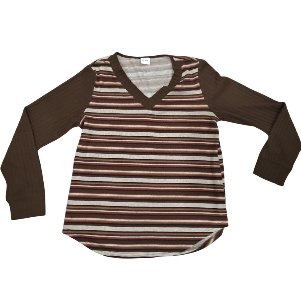 Wiholl Womens Striped Long Sleeve V-Neck Top Brown Grey Ribbed Knit Large